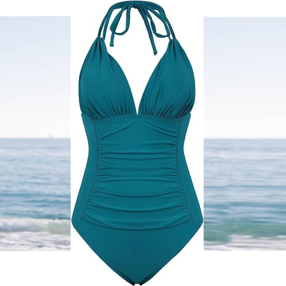 MYCOCO Tummy Control One Piece Ruched Halter Swimsuit  NEW!!! - Picture 13 of 15